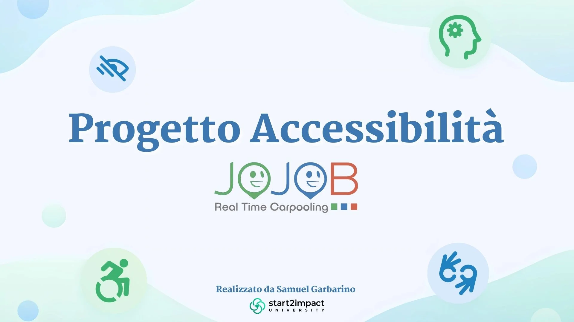 Copertina del Progetto Accessibilità per JojobRT: il logo Jojob Real Time Carpooling circondato da icone di accessibilità (vista, sedia a rotelle, lingua dei segni)