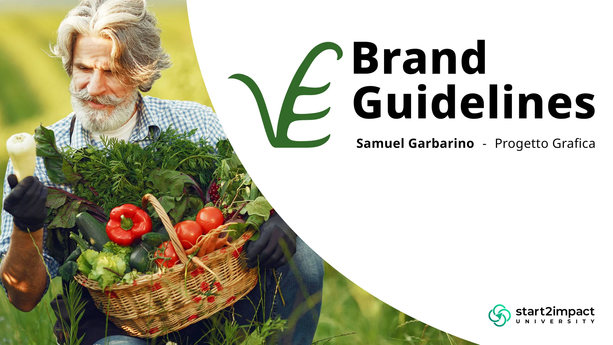 Copertina del progetto Brand Guidelines per Veganow: un contadino con un cesto di verdure fresche accanto al logo verde di Veganow
