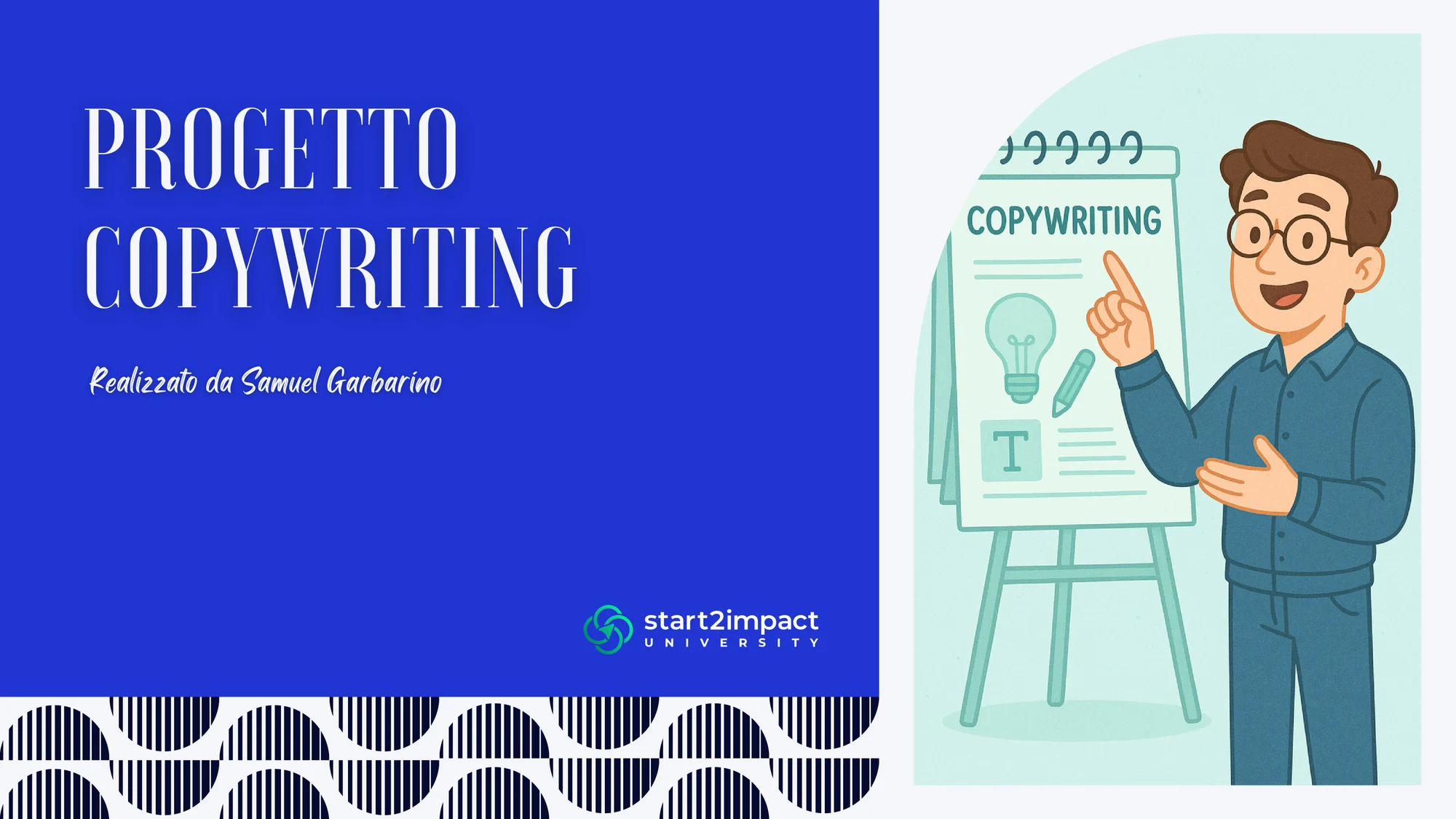 Copertina del Progetto Copywriting per Il Vestito Verde: titolo su fondo blu e illustrazione di un copywriter che presenta una lavagna con idee e testi
