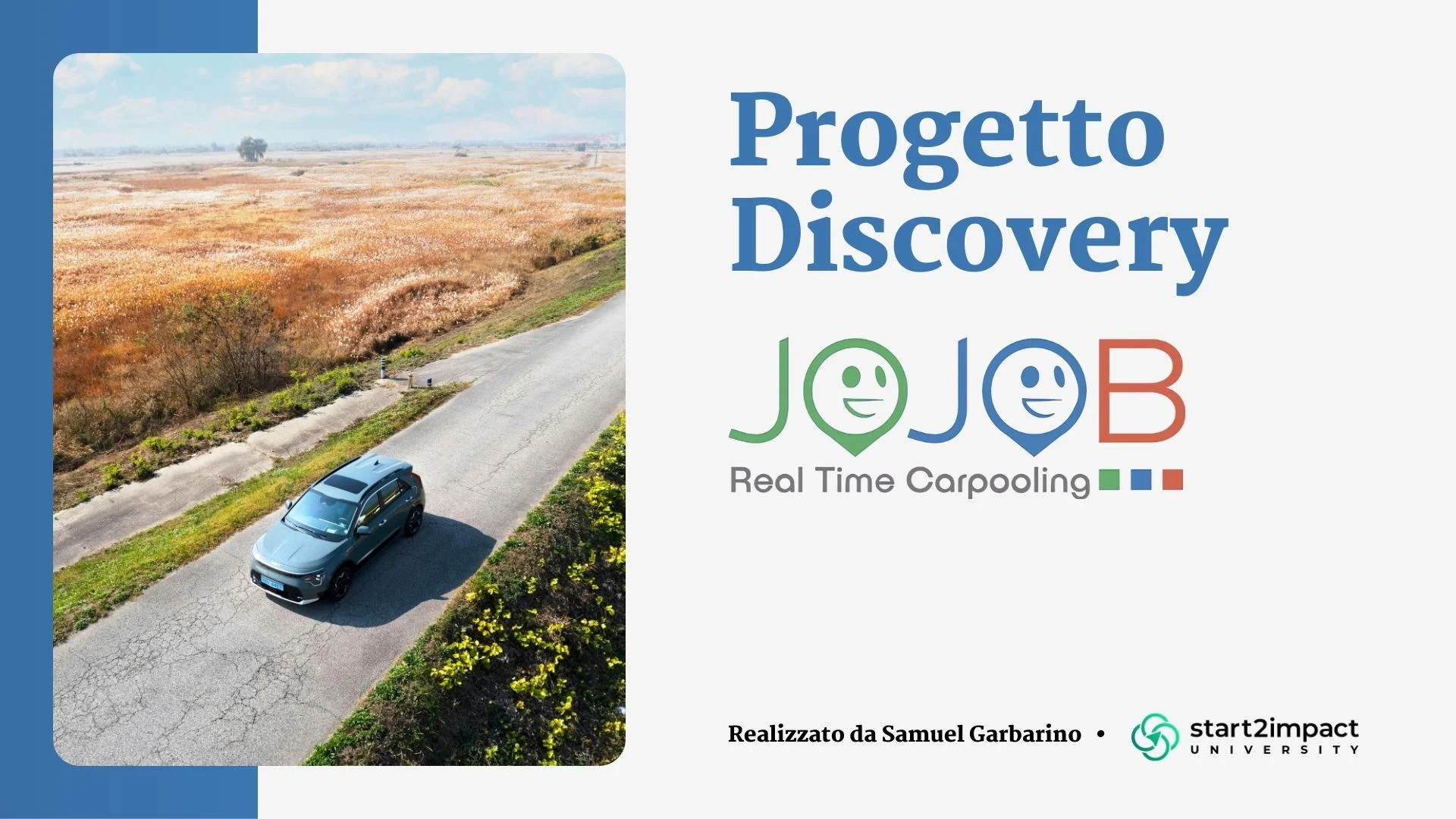 Copertina del Progetto Discovery per JojobRT: un'auto vista dall'alto su una strada di campagna, accanto al logo Jojob Real Time Carpooling