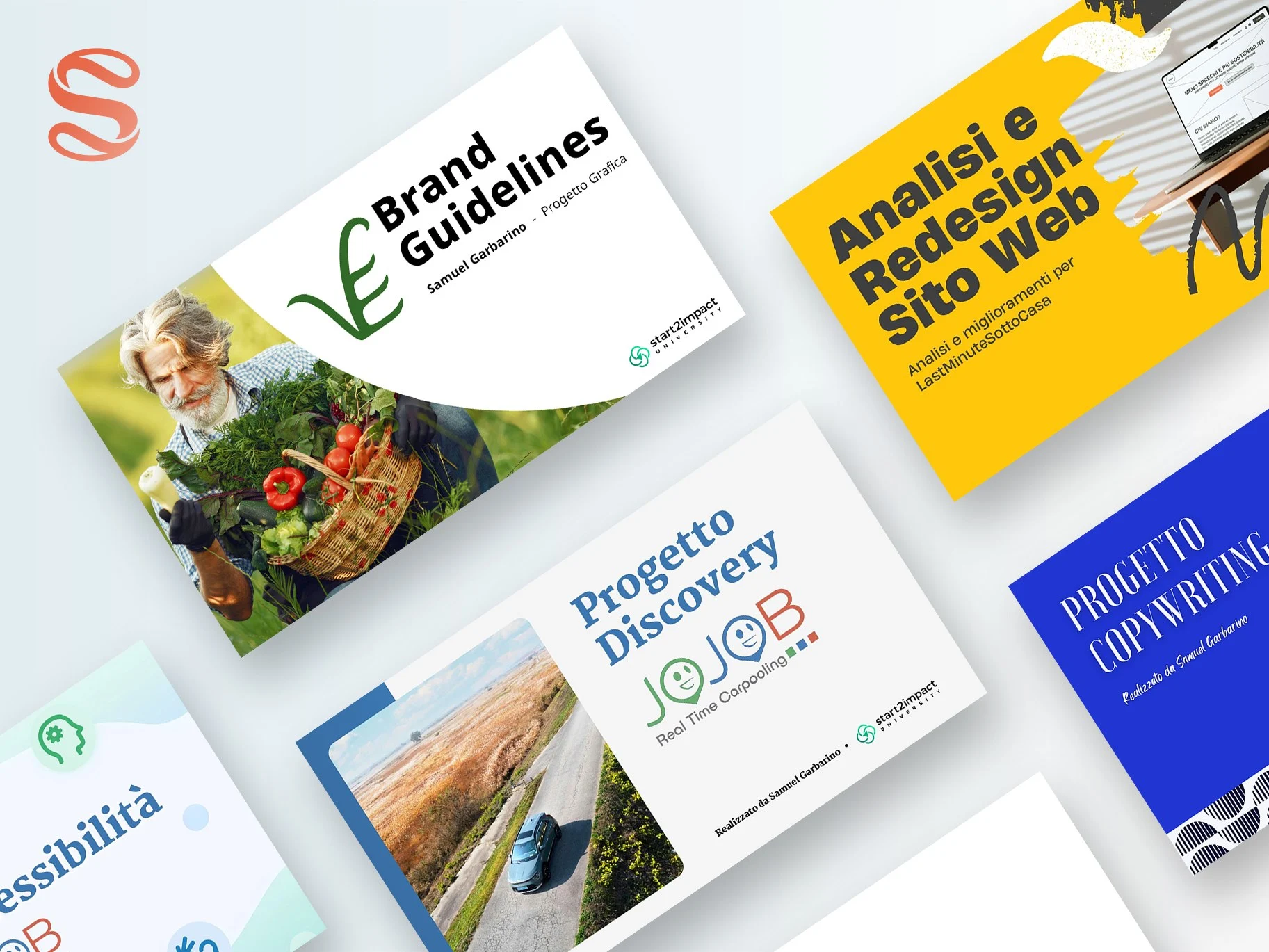 Copertine dei progetti UX/UI disposte a mosaico: Brand Guidelines Veganow, Analisi e Redesign del sito LastMinuteSottoCasa, Progetto Discovery JoJob, Progetto Copywriting